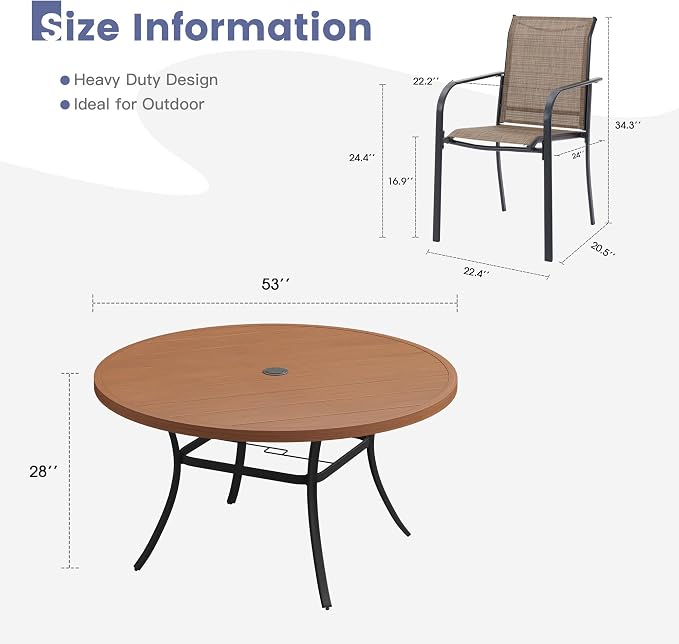 VICLLAX Round Outdoor Dining Set, Patio Table and Chairs Set Set of 6 Patio Stackable Chairs and 47" Outdoor Round Table with Umbrella Hole for Backyard Lawn Garden, Brown Chairs and Walnut Table