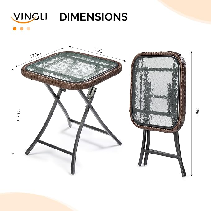 VINGLI 18in Modern Brown Rattan Folding Glass Outdoor Side Table, Small Patio Table with Tempered Glass Top,Rectangular,1 Pack