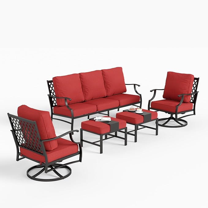 SUNSHINE VALLEY 5 Piece Metal Outdoor Patio Furniture Sets, Patio Conversation Sets 1 3-seater Sofa, 2 Swivel Chairs, 2 Ottomans with 5.75" Thick Cushion, Black All-weather Backyard Furniture Set, Red