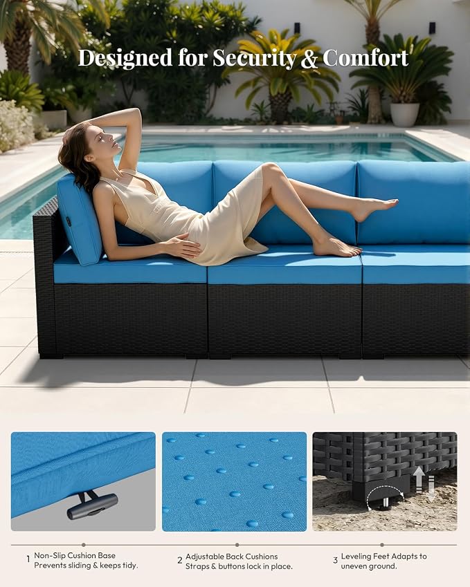 WWR Patio Furniture Set 7 Piece - All-Weather - Wicker Rattan Patio Outdoor Conversation Set, Modular Sectional Sofa for Backyard, Garden, Poolside, Balcony, Porch, Patio, Black/Navy Blue