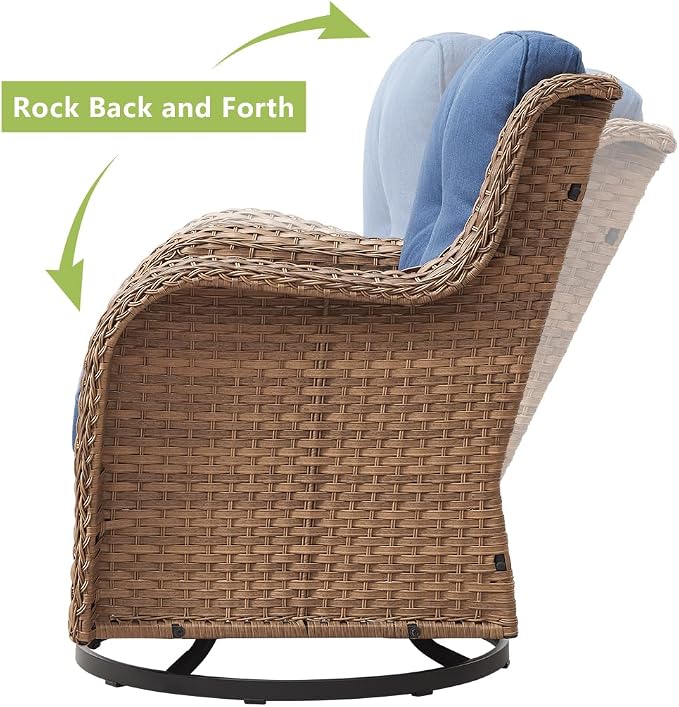 HUMMUH Patio Furniture 7 Pieces Outdoor Furniture Set PE Wicker Patio Couch with Swivel Rocker Chairs,Patio Ottomans,Outdoor Tables, Yellow/Blue