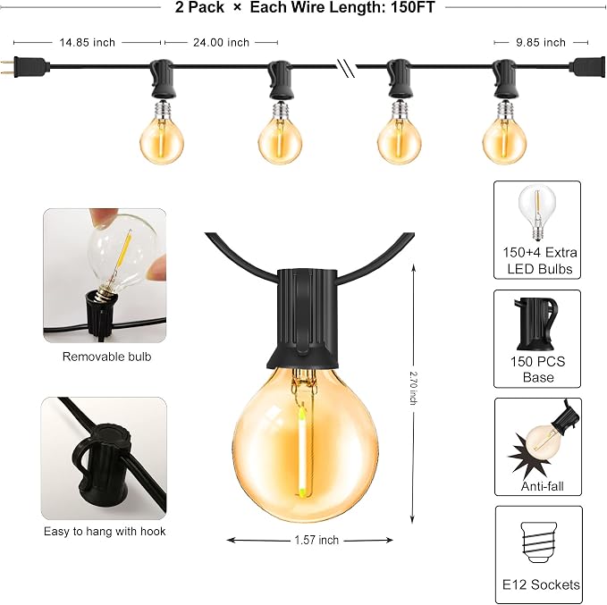 Outdoor String Lights 300FT Wateproof Outside Lighting for Patio Backyard | 154 Plastic Dimmable G40 Globe Bulbs,2-Pack 150FT Connectable Outdoor Lights for Porch Bistro Garden Gazebo Balcony Yard Cafe