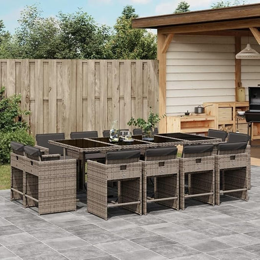 13 Piece Patio Dining Set with Cushions Gray Poly Rattan Outdoor Dining Table and Chairs for Garden Backyard Deck Entertaining Tempered Glass Top Foldable Storage