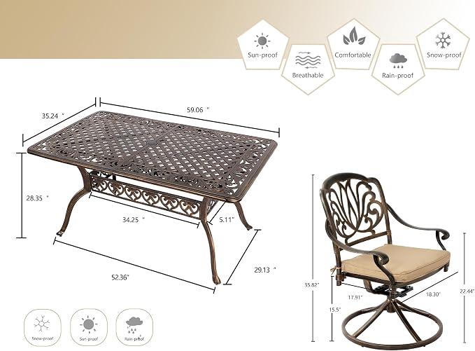 Grepatio 7 Piece Patio Dining Set Outdoor Dining Set Cast Aluminum Furniture Set with 6 Dining Swivel Chairs with 6 Cushions and Dining Table for Backyard Garden Deck Poolside (Khaki)