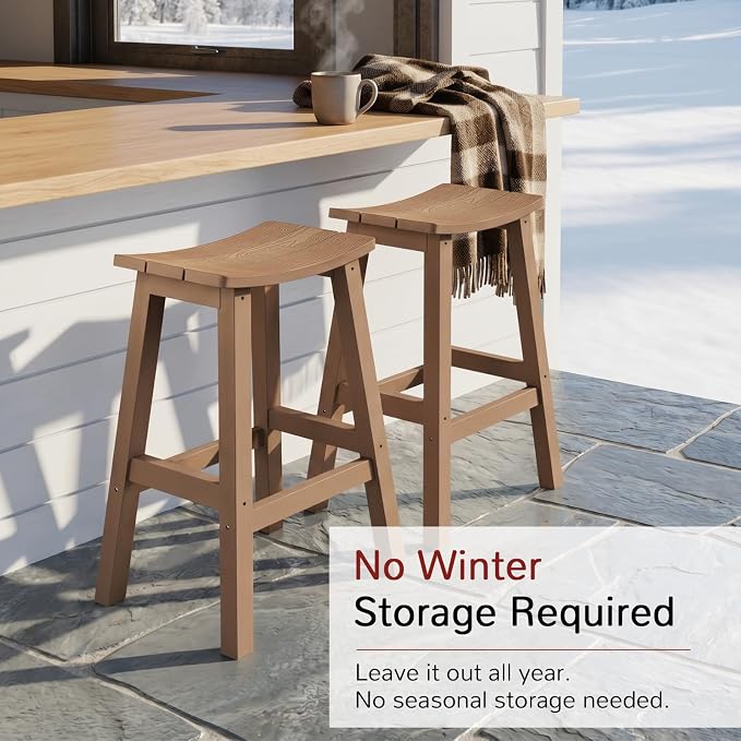 Stoog All-Weather Bar Stools Set of 2, 28" Outdoor Barstools with 400 lbs Capacity, Realistic Wood-Grain Texture, for Bar, Kitchen Counter, Pool & Patio, Teak