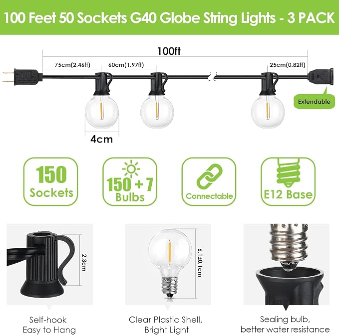 300Ft(3x100Ft) LED Outdoor String Lights Dimmable Waterproof G40 Globe Patio Lights with 150+7 Warm White Bulbs for Backyard Cafe-Black Cord