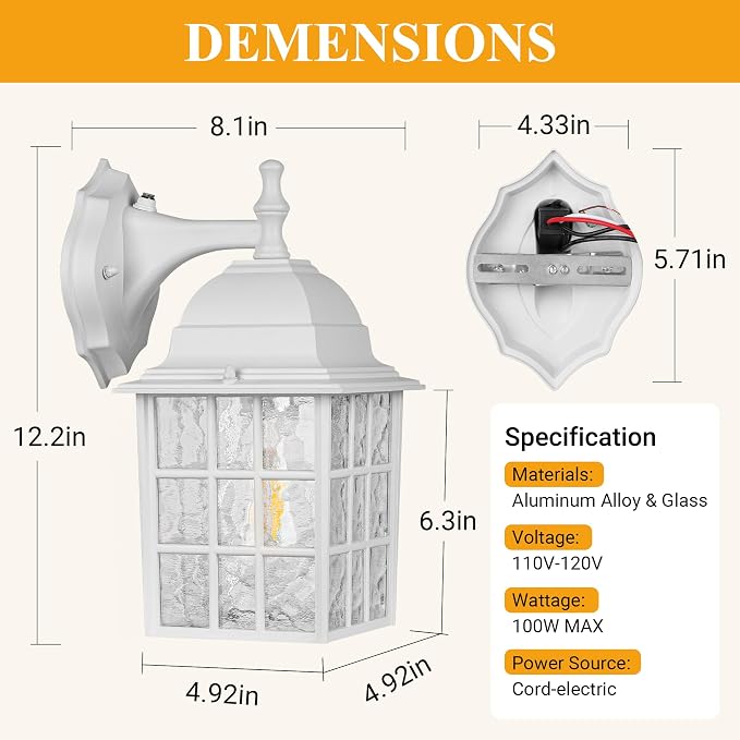 Dusk to Dawn Outdoor Light Fixture, 2 Pack Porch Lights Wall Mount, White | Aluminum Frame, Water Rippled Glass, Waterproof, E26, Sensor Exterior Lighting Fixtures, Wall Sconce For Garage, Front Door