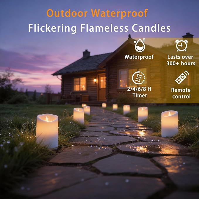 Outdoor Flameless Candles, Patented 3D Dual-LED, Set of 3 Slanted Resin Pillars with Remote, Crisp White Centerpiece for Dining Table, Waterproof Non-Melting Battery Operated, White