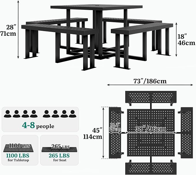 YITAHOME Commercial 38" Square Q235 Carbon Steel Picnic Table, Heavy Duty Metal Outdoor Table Set with Umbrella Hole, Industrial Grade Park Furniture (Black)