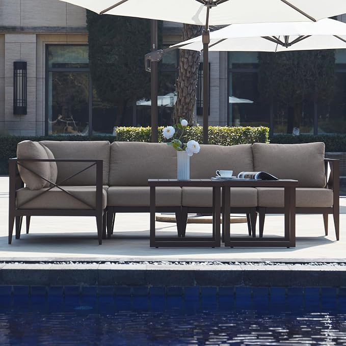 Outdoor Aluminum Patio Furniture Set, 5-Seats Patio Conversation Sofa Set with 1 Corner Sofa and 2 Coffee Tables, All Weather for Pool, Balcony, Garden-Brown