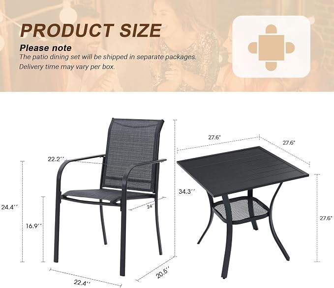 VICLLAX 3 Pieces Patio Outdoor Dining Set, 28" Square Metal Table and 2 Stackable Textilene Chairs for Patio, Lawn, Garden, Porch, Black/Grey