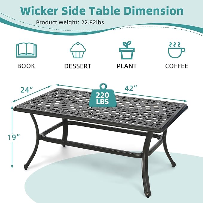 MEETWARM Outdoor Coffee Table, All-Weather Cast Aluminum 42" Rectangle Patio Coffee Table, 220 LBS Heavy Duty Patio Side Table for Balcony Poolside Deck Garden & Indoor Use, Dark Bronze