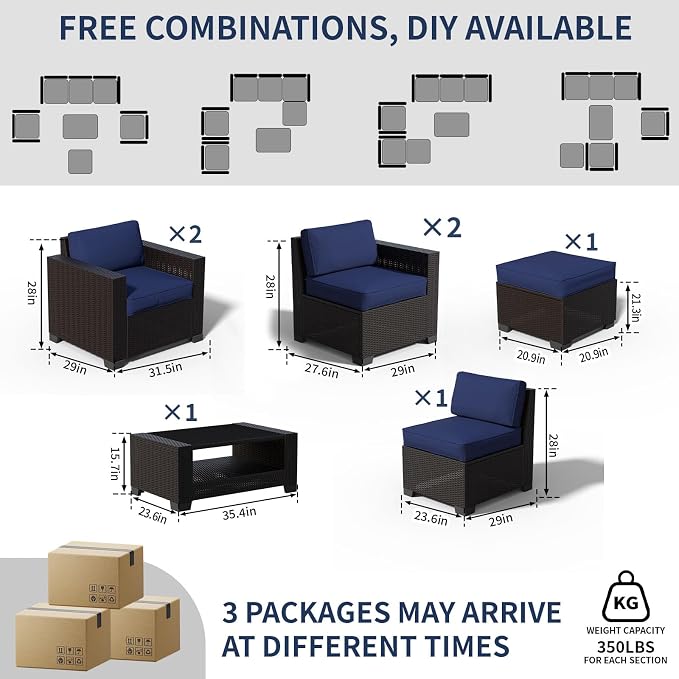 7 Piece Patio Furniture Set, Slanted Back Outdoor Sectional Sofa, Patio Conversation Sets with Cushion and Glass Table, Patio Sofa Furniture for Garden, Deck, Dark Brown Rattan & Dark Blue Cushions