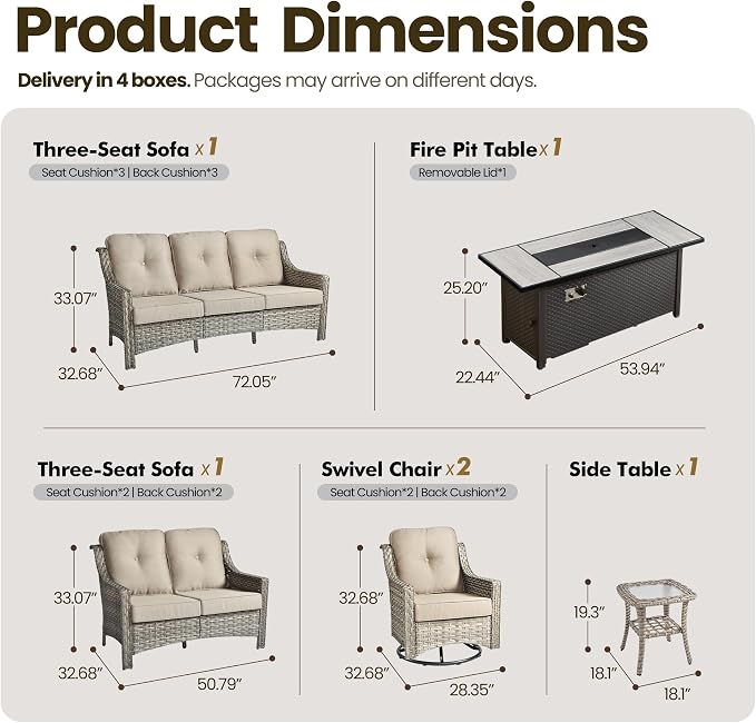 6 Piece Patio Furniture Set with Fire Pit Table, Conversation Sets with High Back Swivel Rocker Chairs, Outdoor Wicker Sofa Loveseat with Comfy Cushion for Backyard Deck Garden, Beige