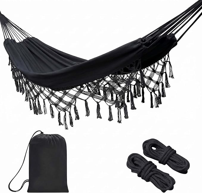 Bohemian Black Double Canvas Hammock, Hand-Woven Tassel Boho Outdoor Hammock for Patio Balcony Garden, 2-Person Wedding Decoration, Supports 550 lbs