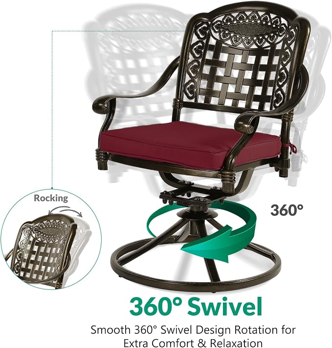 VIVIJASON 7-Piece Patio Furniture Dining Set, Outdoor Cast Aluminum Conversation Set, Include 4 Stationary Chairs, 2 Swivel Dining Chairs and a Rectangle Table with 2" Umbrella Hole, Red Cushion