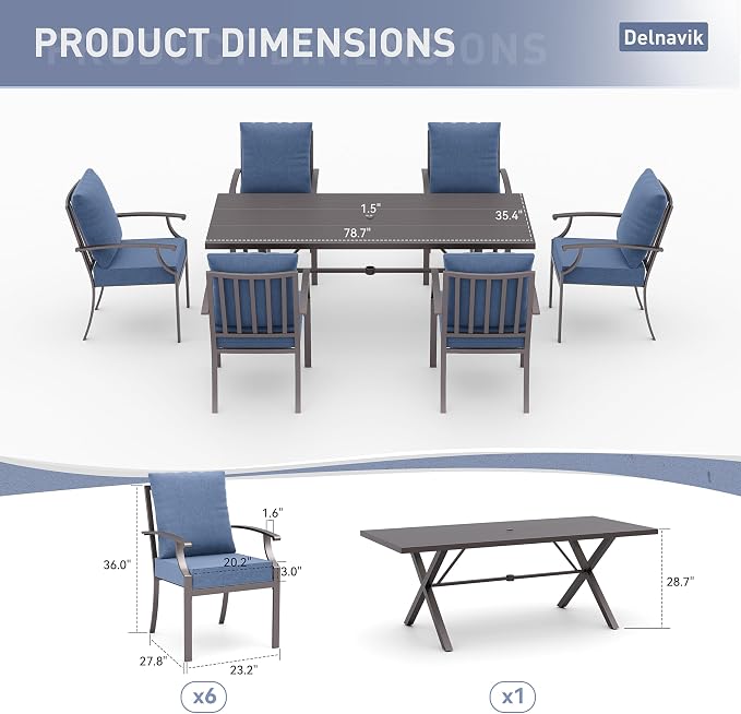 Kurapika 7 Piece Patio Dining Set Outdoor Furniture, Metal Patio Furniture Set 6 Fixed Chairs and Large Table with Umbrella Cutout for Deck Garden Yard Porch, Navy Blue