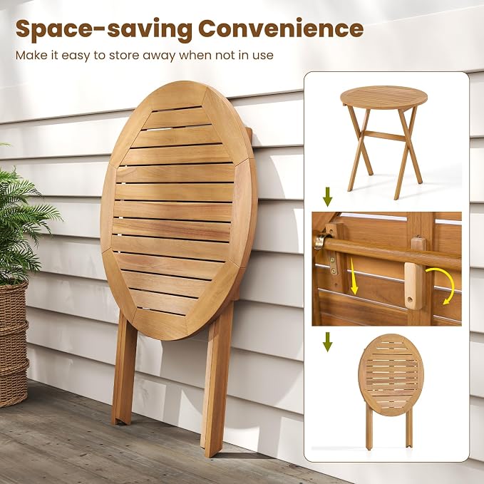 HAPPYGRILL Folding Acacia Wood Patio Table, Round Outdoor Bistro Table 26”, Outside Wooden Coffee Side Table for Porch Balcony Garden and Backyard (1)