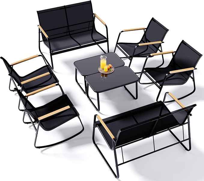 Ahomly 8-Piece Outdoor Patio Furniture Set, Textilene Conversation Set with Rocking Chairs, Loveseat, and Tempered Glass Coffee Table, for Lawn, Garden, Balcony, Poolside (Black)