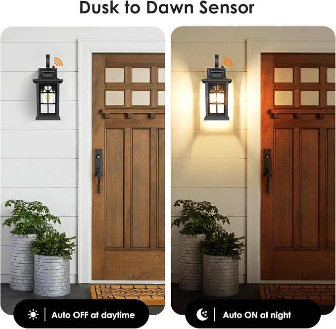 2-Pack Dusk to Dawn Outdoor Wall Light Fixtures, 100% Aluminum | Auto ON/OFF, Waterproof, Rust-Resistant, Sturdy Glass, Standard E26 Sockets, Easy to Install