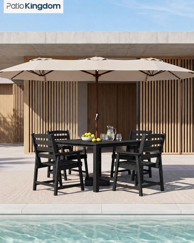 HDPE Outdoor Dining Set for 4 with 10FT Umbrella, Black | All-Weather HDPE, Wood Grain Finish, 42.5" Square Table, Built-In Umbrella Hole, Seats 4, Patio & Poolside Ready