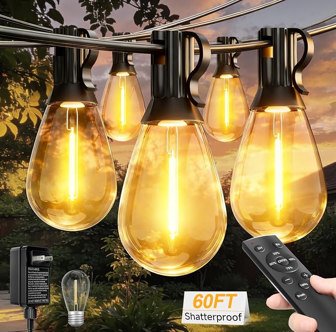 60FT Outdoor String Lights with Remote, LED Patio Lights with20+1 Waterproof S11 Bulbs, Outside Dimmable 2700K Warm White, Timer & 3 Modes,for Backyard Garden Deck Porch Balcony Gazebo Party Decor