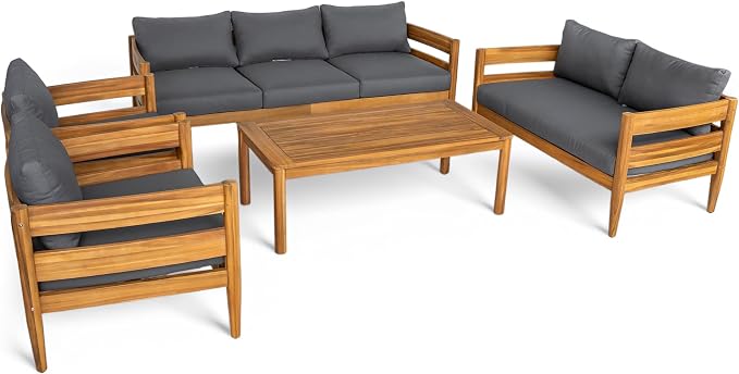 Christopher Knight Home 5-Piece Outdoor Patio Furniture Set, Acacia Wood Conversation Set with 3 Seater Sofa Loveseat Coffee Table and 2 Single Cushions Chairs, Slatted Backyard Seating Set, Dark Gray