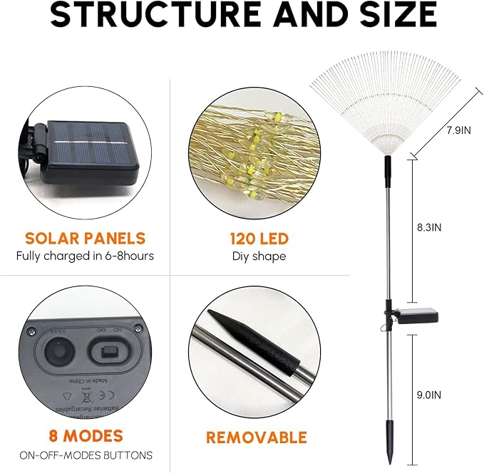 Solar Garden Lights for Outdoor Decor, Waterproof 2 Pack Solar Powered Firework Stake 120 LED Sparklers String Lights for Yard Pathway 4th of July Decorations(Colorful)