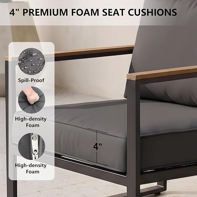 Modern Patio Furniture Set, 4 Pieces Outdoor Conversation Set with Coffee Table, Metal Patio Furniture with 4" Washable Foam Cushions, Ships in 1 Box, Gray