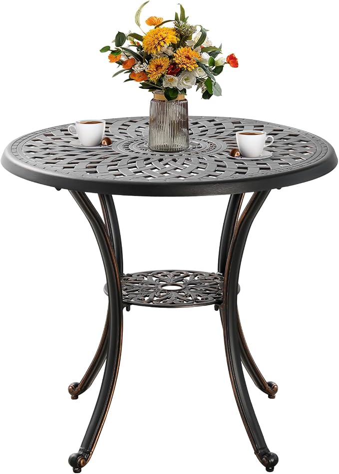 31" Round Patio Dining Table with Umbrella Hole, Cast Aluminum Bistro Table Outdoor Side Table for Backyard, Garden, Patio, Porch