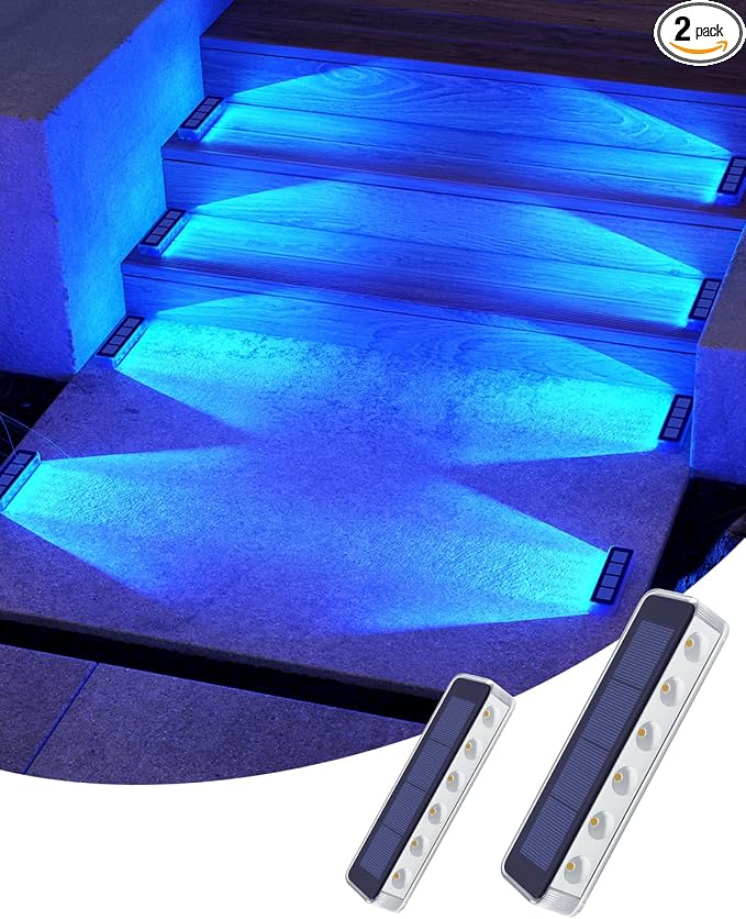 DetarZinLED Solar Step Lights for Outside, 2 Pack Solar Stair Lights, Blue Outdoor Deck Light Waterproof, Outdoor Light Solar Powered for Deck, Dock, Pathway, Porch, Path, Ground, Backyard