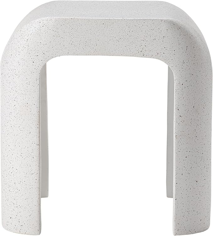 HOMPUS Outdoor Side Table, Concrete End Table w U-Shaped, Round Patio MgO Coffee End Table, Modern Accent Stone Garden Stool for Indoor Outdoor Use, Spotted White