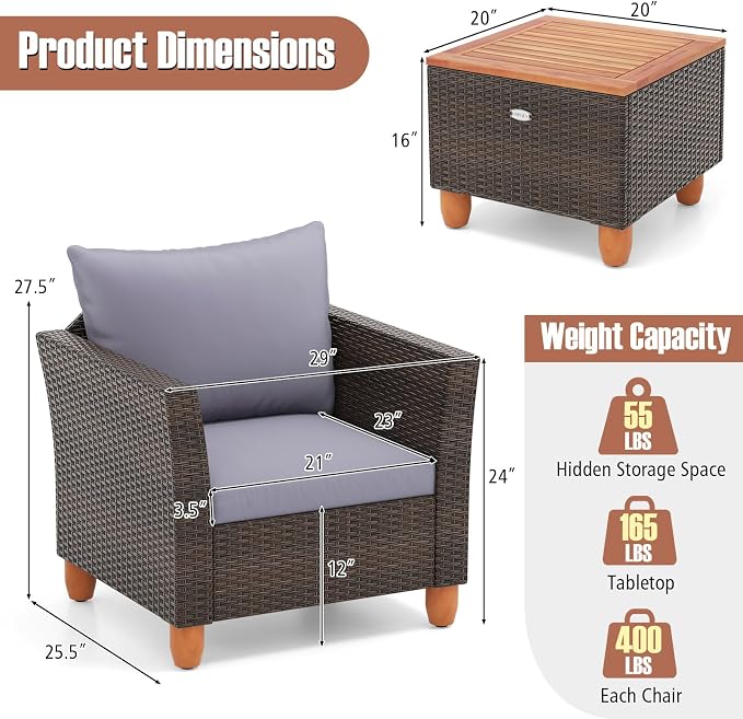 Tangkula 3-Piece Patio Furniture Set, Patiojoy Outdoor PE Wicker Bistro Set with Soft Cushions and Solid Acacia Wood, Outdoor Conversation Set with Porch, Balcony and Garden (Gray)