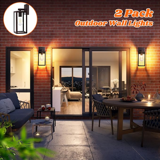 2-Pack Outdoor Wall Light Fixtures, Brown Waterproof Anti-Rust Exterior Wall Sconce Lantern with Clear Glass, Modern Outside Front Porch Lights for House Garage Doorway, Bulbs Not Included