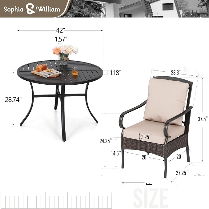 Sophia & Willliam Oversized Outdoor Dining Set 5 Piece Metal Patio Table and Chairs Set with 4 Large Padded Patio Dining Chairs & 42" Round Dining Table, Deck,Lawn,Kitchen Furniture