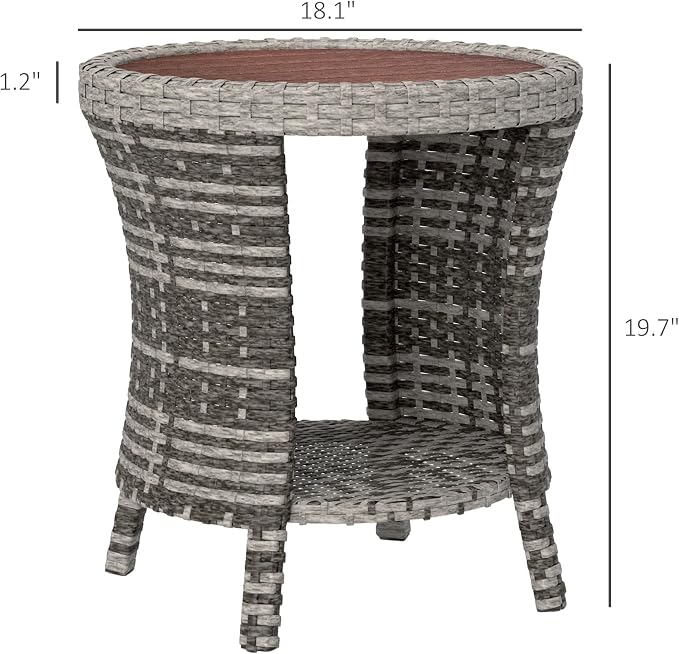 Outsunny 18" Outdoor Wicker Coffee Table, 2-Tier Patio Side Table with Storage, PE Rattan End Table with Composite Wood Top, Steel Frame for Garden Backyard Balcony, Mixed Gray