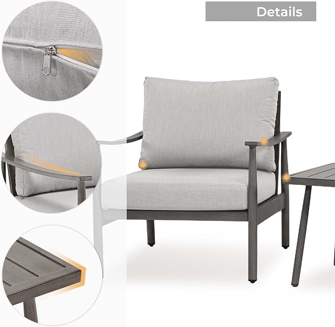 HAPPATIO Patio Conversation Set 3 Pieces, Outdoor Aluminum Conversation Furniture Set, 2 Modern Chairs with Backrest Rope Design and 1 Side Table for Garden, Pool, and Lawn (Grey)