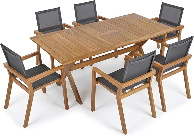 Christopher Knight Home Tomi 7 Piece Acacia Wood Outdoor Dining Table Set for 6, Extendable Dining Table and 6 Chairs with Mesh Back & Seat, Wooden Outdoor Patio Furniture Set, Teak + Black
