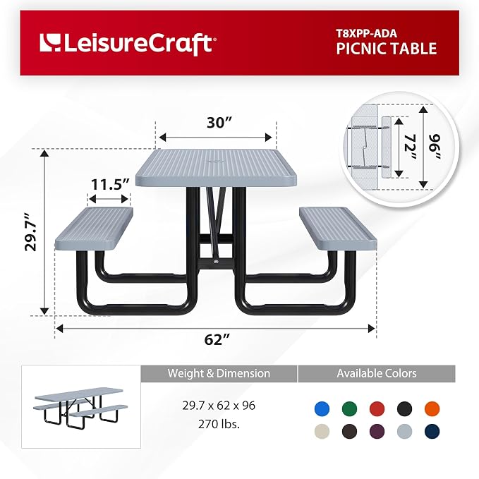 Leisure Craft Metal Picnic Table with Bench - 8 ft Rectangle Outdoor Dining Table with Umbrella Hole, Heavy Duty Thermoplastic Coating, ADA Compliant, Commercial Grade Furniture Made in USA - Gray