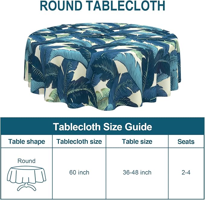 DYTXIII Outdoor Round Tablecloth with Umbrella Hole 60 Inch, Water Repellent & Fade Resistant Table Cover, All Weather Outdoor Tablecloth for Garden & Party Table, Palms Blue