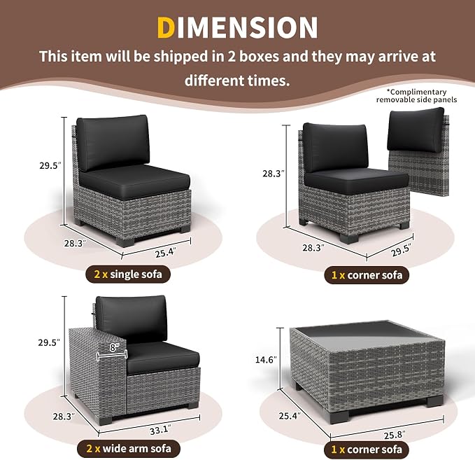 Outdoor Patio Furniture Set, 8'' Wide armrest Outdoor Sectional Rattan Sofa Set, Wicker Patio Furniture Sets w/Coffee Table,Thick Cushions and Cover for Porch, Balcony,Deck 6 PCS(Grey&Black)