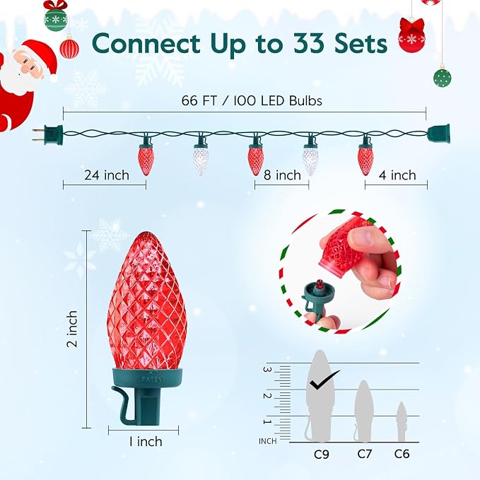 Brightown C9 LED Christmas Lights Outdoor, 66 ft 100 LED Strawberry String Lights, Waterproof Commercial Grade Extendable for Outside Roofline Patio Home Xmas Decoration, Red and White