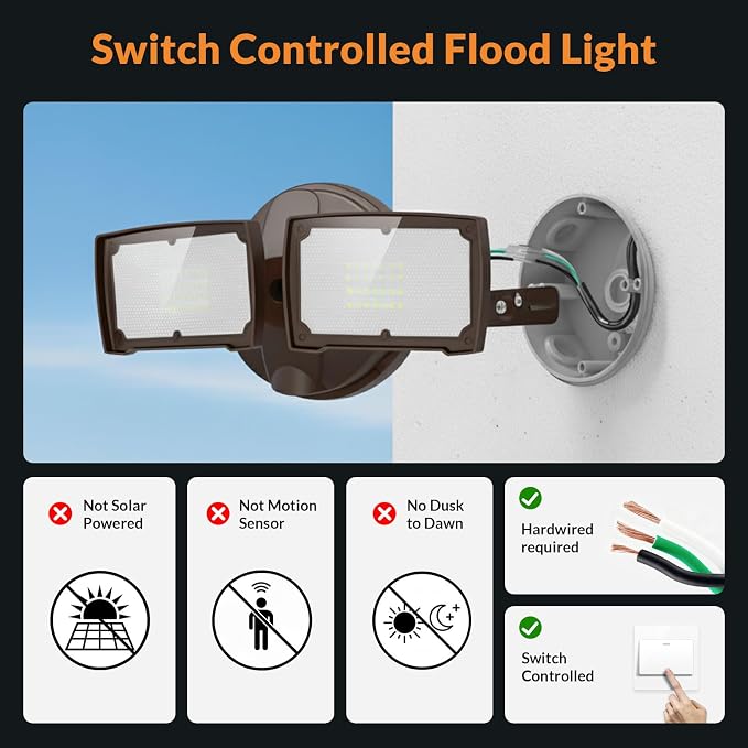 LEPOWER 28W Flood Lights Outdoor - 3000LM Brightness LED Security Lights | Switch Controlled Wall Mount Exterior Flood Light with 2 Heads, 5500K, IP65 Waterproof for Garage, Yard, Porch, Garden, Brown