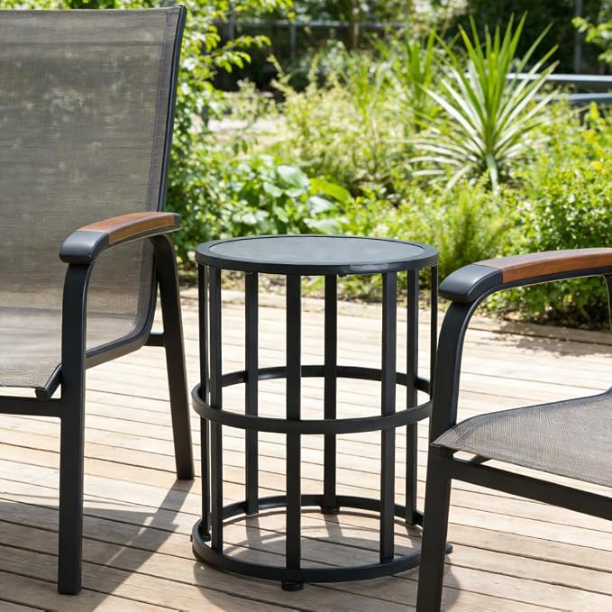 Patio Side Table with Ceramic Tile Top and Powder Coated Iron Frame - Lightweight, Weatherproof Outdoor Accent Furniture, Grey Finish