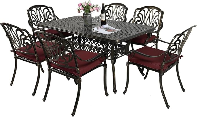 VIVIJASON 7-Piece Outdoor Furniture Dining Set, All-Weather Cast Aluminum Patio Conversation Set, Include 6 Cushioned Chairs and a Rectangle Table with Umbrella Hole for Balcony Backyard, Red Cushion