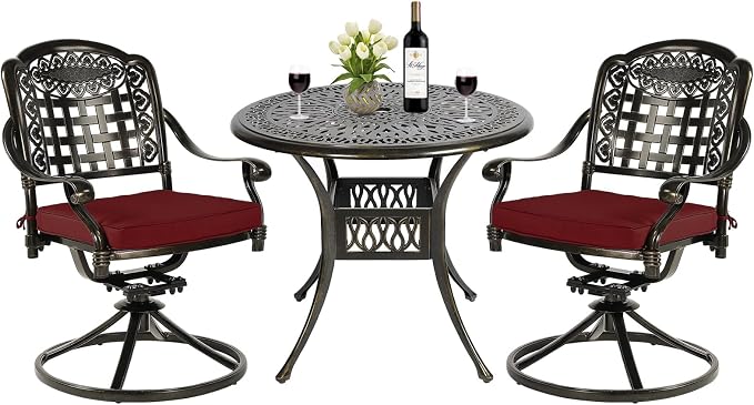 MEETWARM 3-Piece Outdoor Patio Dining Set, All-Weather Cast Aluminum Patio Conversation Set, 2 Cushions Swivel Rocker Chairs and 35.4" Round Table for Backyard Garden Deck, Umbrella Hole, Chili Red