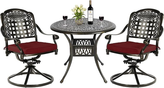 MEETWARM 3-Piece Outdoor Patio Dining Set, All-Weather Cast Aluminum Patio Conversation Set, 2 Cushions Swivel Rocker Chairs and 35.4" Round Table for Backyard Garden Deck, Umbrella Hole, Chili Red