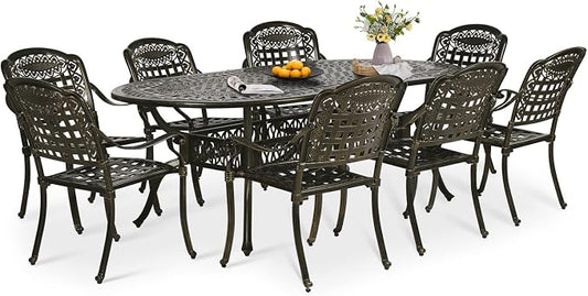 9-Piece Patio Dining Set, Outdoor Patio Table and Chair Set of 84” Oval Cast Aluminum Dining Table with Umbrella Hole and 8 Outdoor Dining Chairs, Patio Funiture Set for Lawn Garden