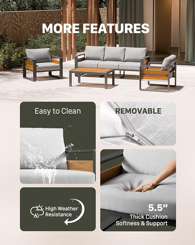 ZANDOR Aluminum Outdoor Patio Furniture Set with Coffee Table, 3 Seats Patio Conversation Sets with Washable Thick Cushions, Outdoor Sectional for Porch, Backyard, Deck, Garden & Poolside, Grey