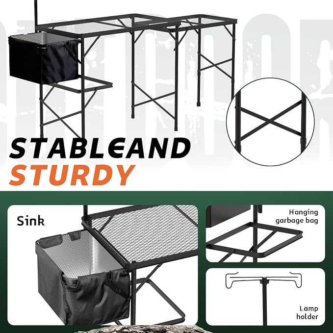 WildFinder Folding Table with Sink and Double Shelf, Camping Table Height Adjustable Folding Grill Table, Portable Outdoor Table for Picnic,Camping,BBQ,Beach,69 x20 x32 Inches(Black)